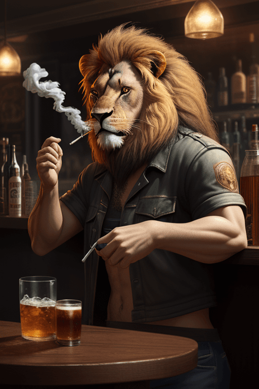 AI generated: A lion is smoking in a bar, hyperrealistic, 8k, artstation