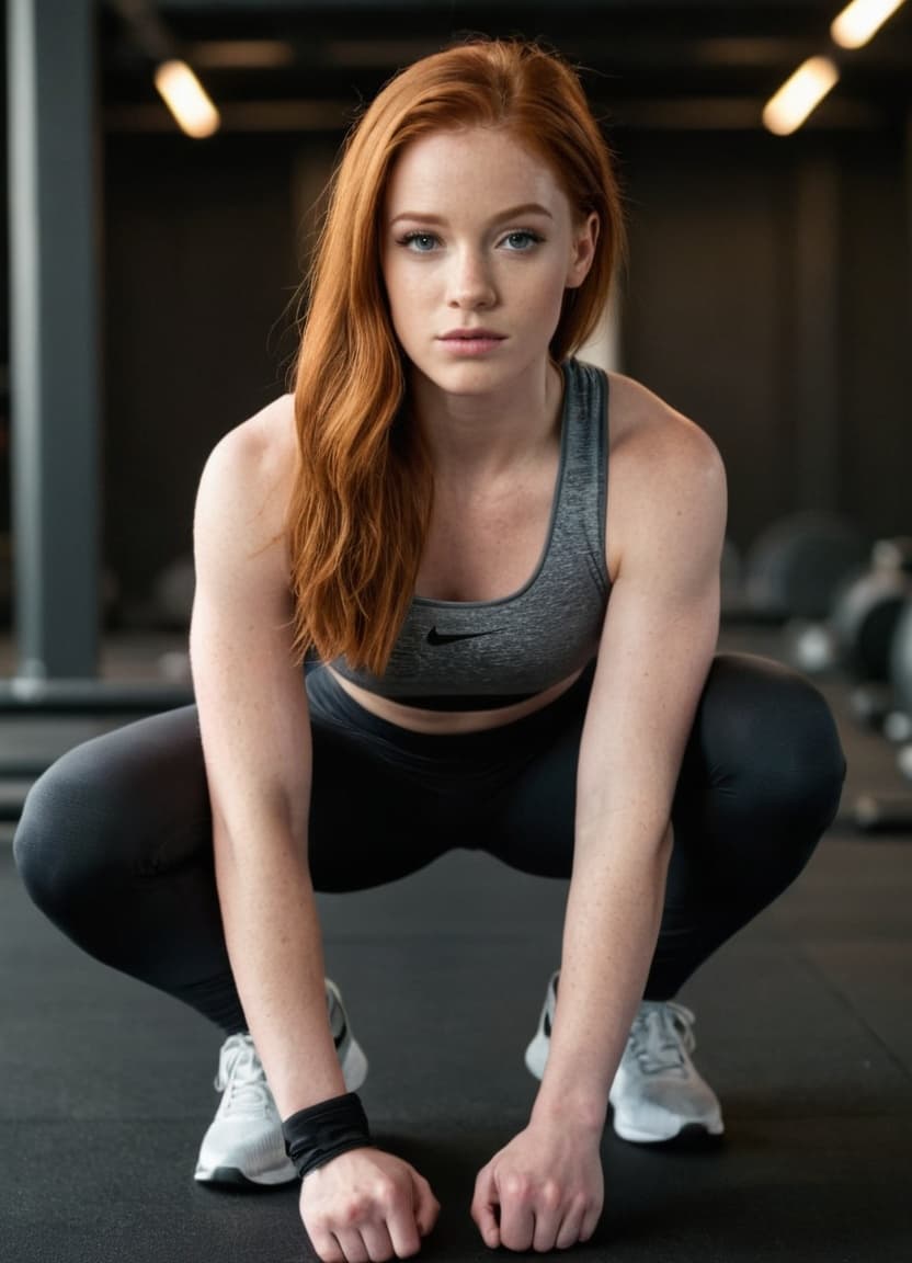 AI generated: a beautiful 27 year old long haired ginger girl with blue eyes, warming up for her gym session with ...