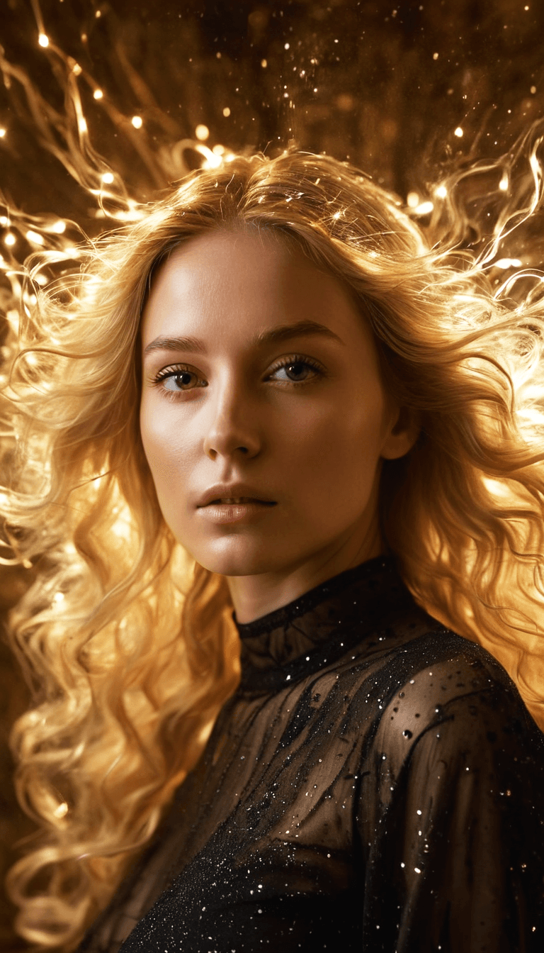 AI generated: digital art, fashion editorial, a close portrait of beautiful blond woman in black dress glowing fro...