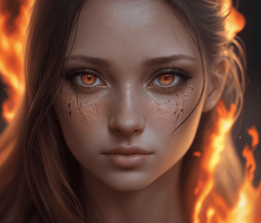 AI generated: female looking at viewer, fire in the eyers, portrait, photography, detailed skin, realistic, photo-...