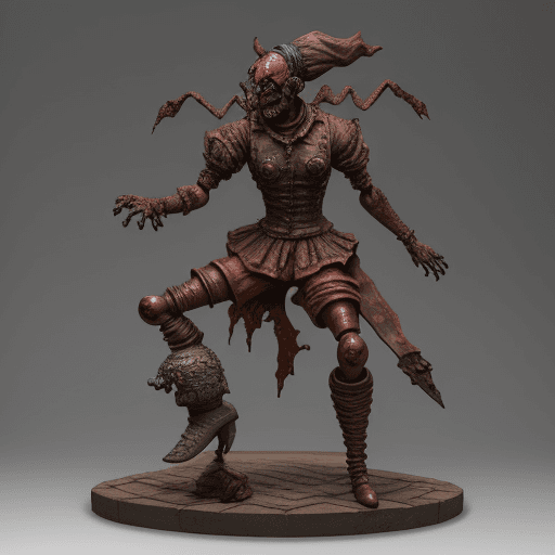 AI generated: rusty iron bloodyfull body figurine of ferocious distorted JESTER out of Jed-Rst, Rusty, masterpiece...