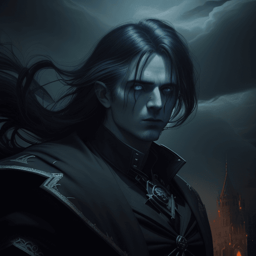 AI generated: (character of video game 1:3)::2 royal, darkness, short windblown hair , Magic the gathering, vibran...