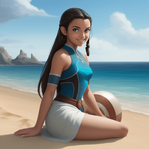AI generated: Katara from Avatar the last airbender art, at the beach, smiling, uhd image, sitting on sand, white ...