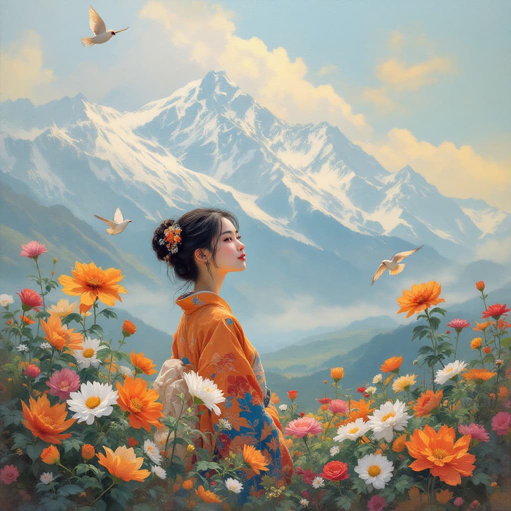 AI generated: Prompt: A serene scene featuring an Asian woman in an orange and blue kimono, standing amidst vibran...