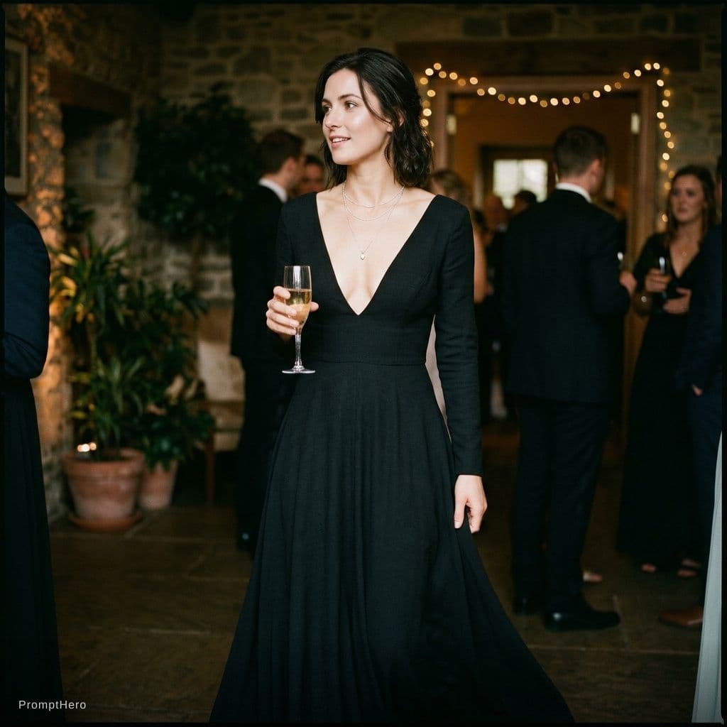 AI generated: black evening downblouse dress