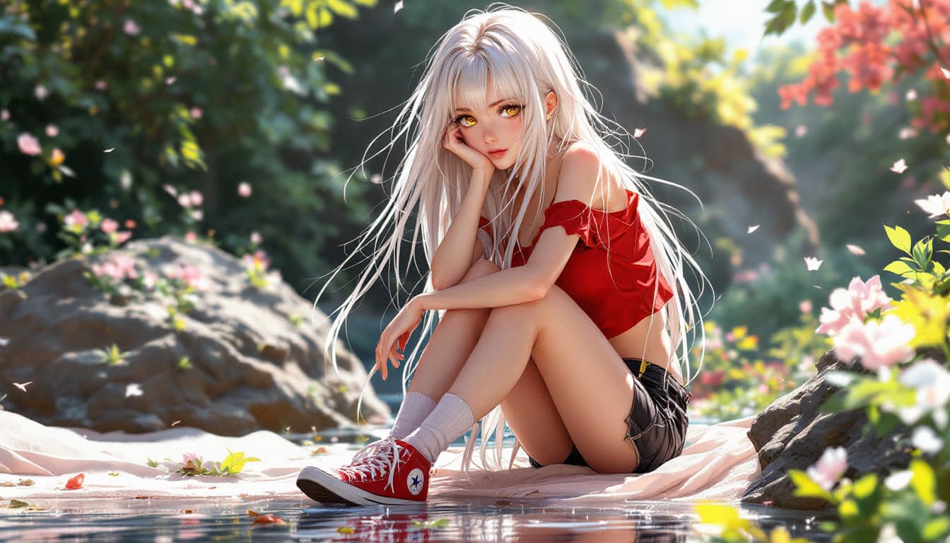 AI generated: high quality, 1lady, 25 years old, gold eyes, long white hair, fade, 
, red-top, black short-shorts,...