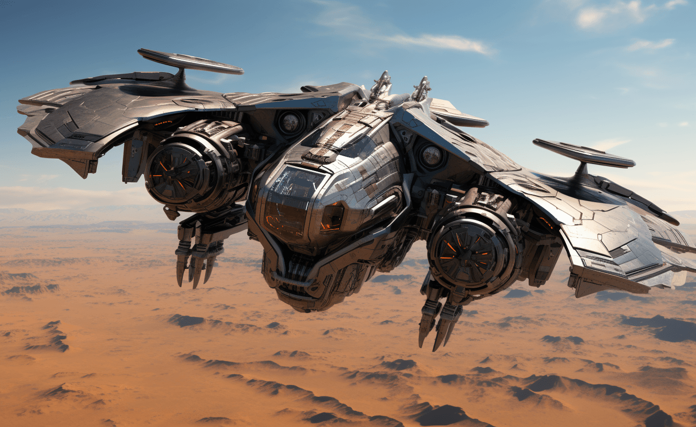 AI generated: an array of futuristic spacecraft winging through the sky, in the style of realistic lifelike figure...