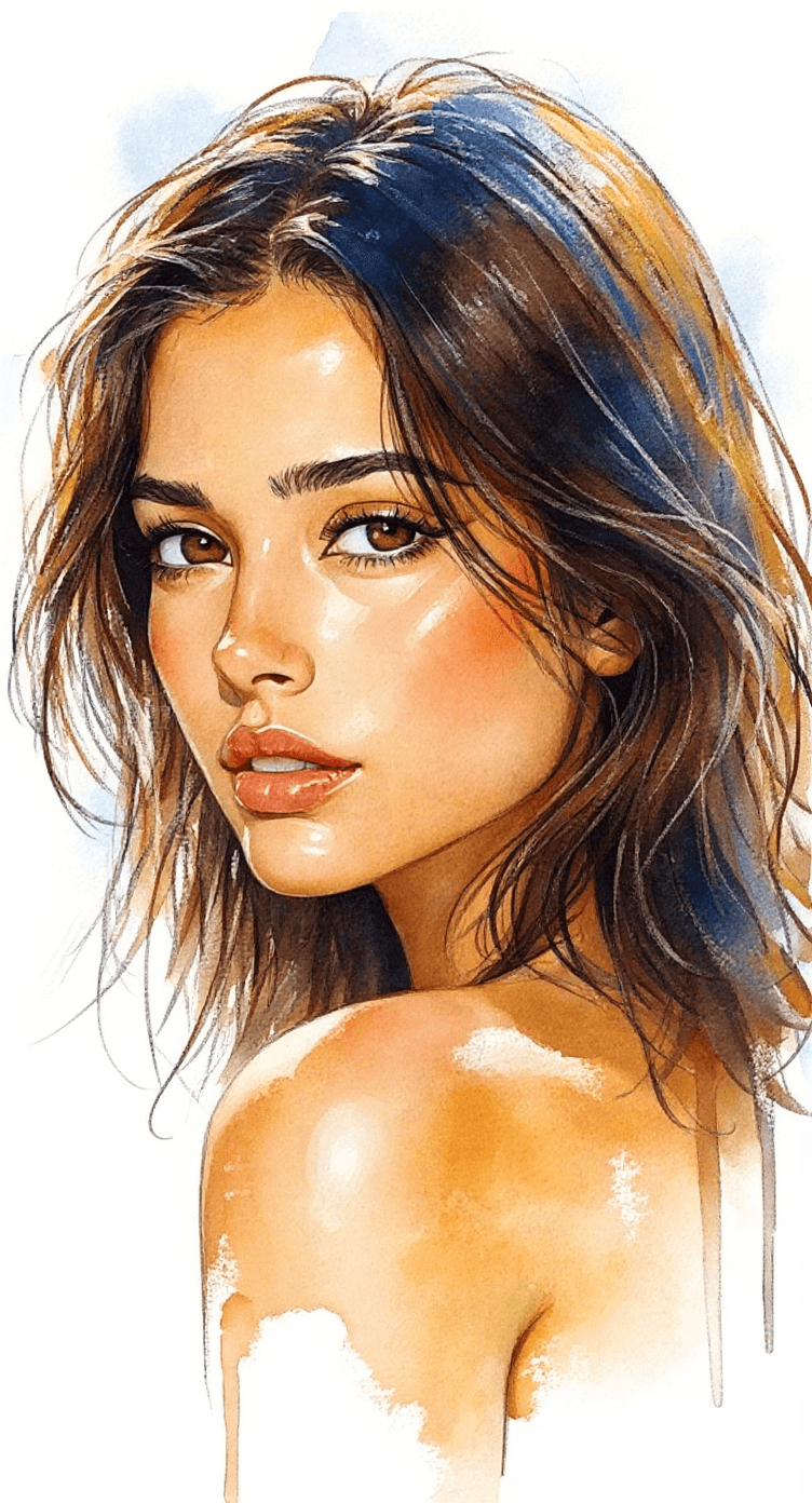 AI generated: a painting of a brown-haired woman, brown eyes, delicate washes, impressionist lightness, crisp and ...
