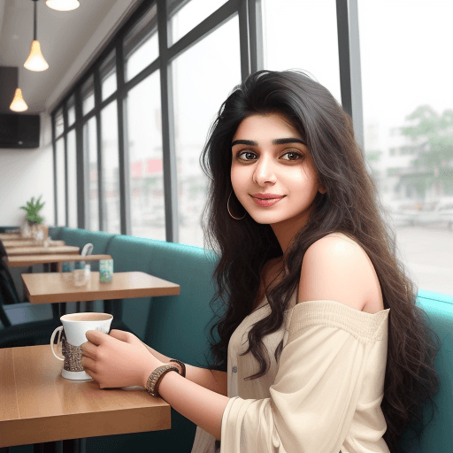 AI generated: A selfie of an pakistani woman in her mid-twenties sitting in a modern cafe, wearing casual attire a...