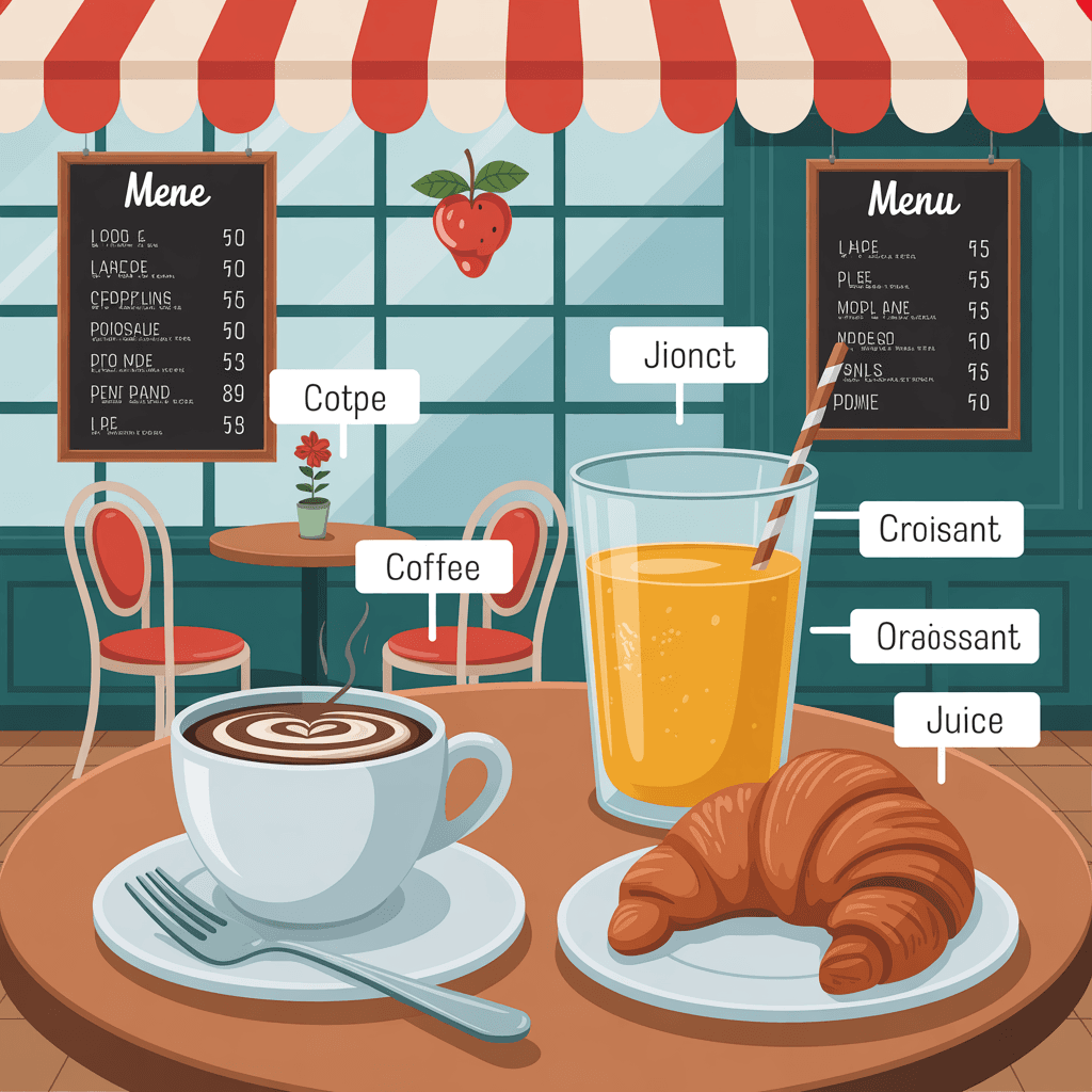 AI generated: French cafe interior with table and food, educational illustration, flat design, labels in French fo...