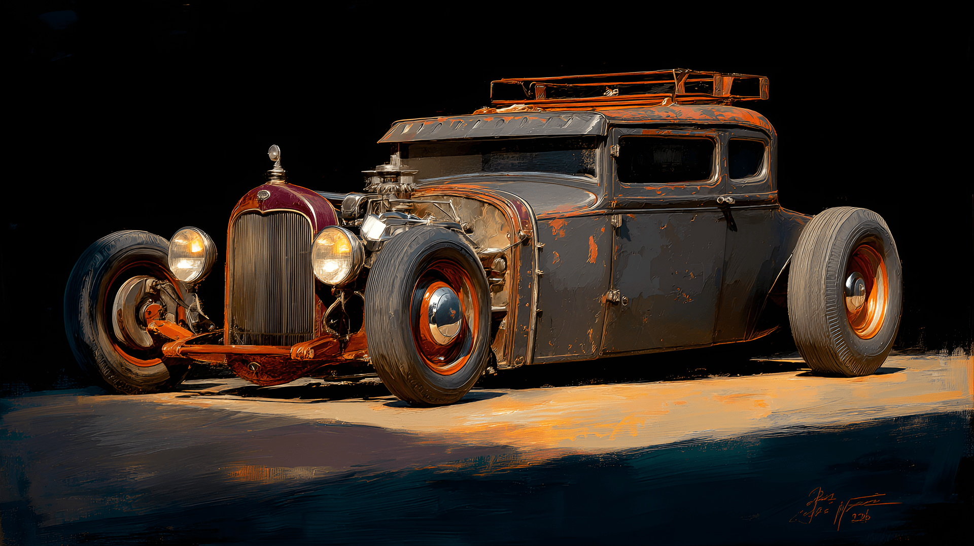 AI generated: Rusty, custom-built hot rod, vintage 1920s style, low profile, side view, dark charcoal gray and red...