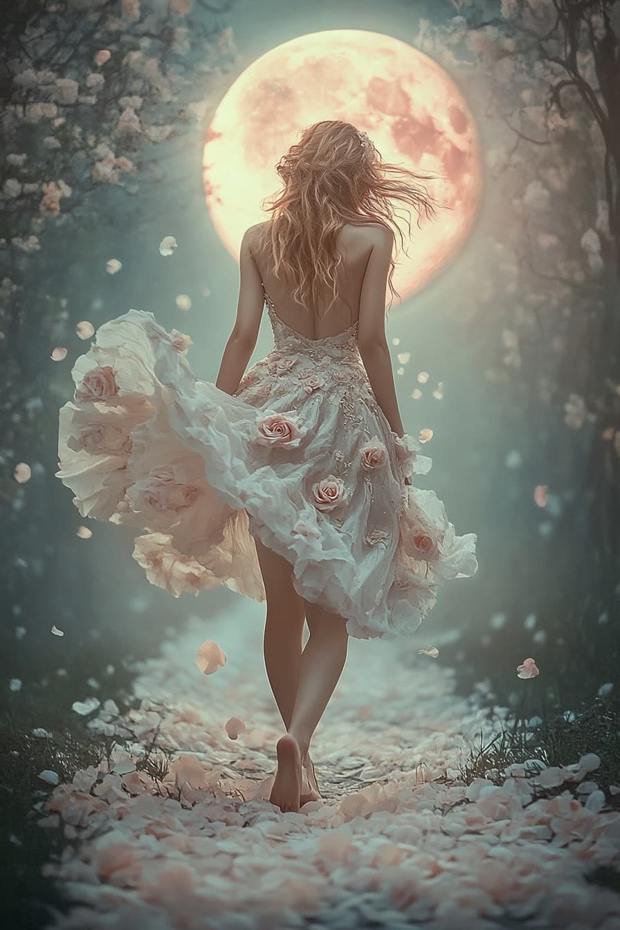 AI generated: ethereal fantasy girl walking barefoot down a petal-covered path, ornate pastel floral dress that is...