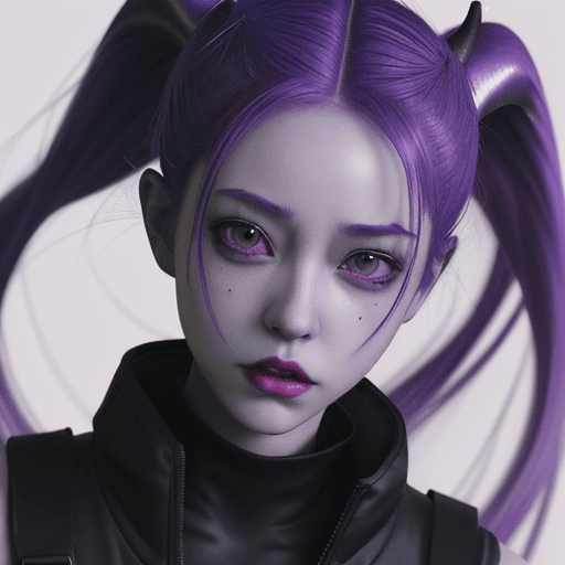AI generated: 
beautiful girl, pretty face, pale-skinned demon girl in techwear, purple anime hair ponytail, short...