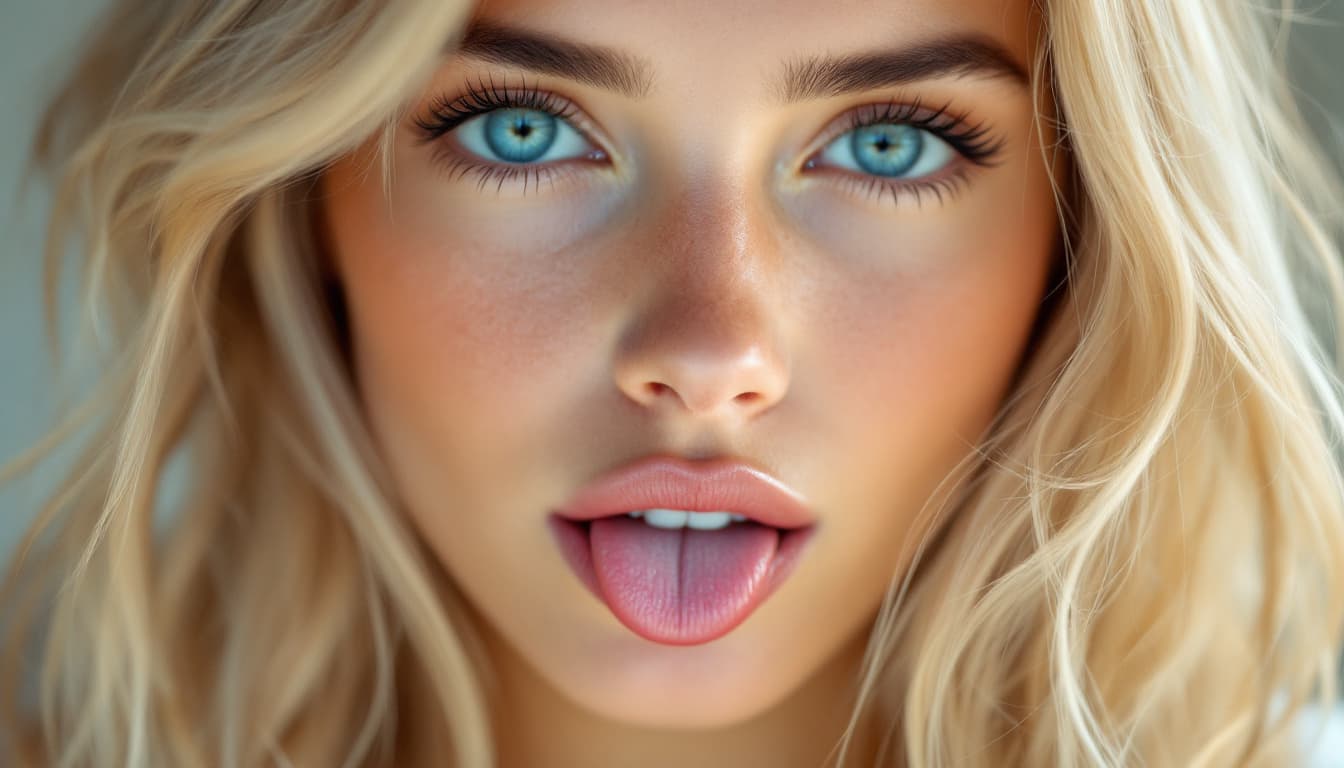 AI generated: blonde with blue eyes, natural, timeless beauty style, shows tongue with piercing 32k uhd, details b...