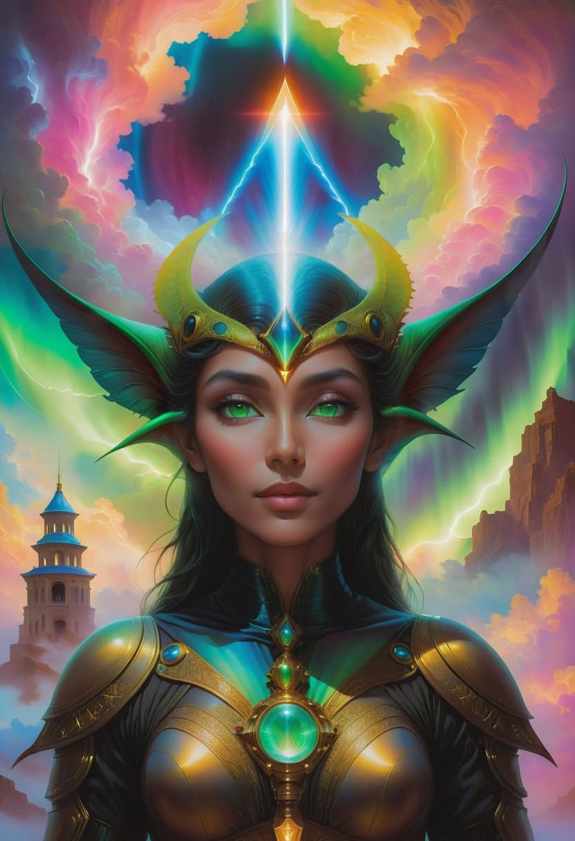 AI generated: a detailed painting portrait inspired by moebius and beksinski of a vibrant friendly alien with auro...