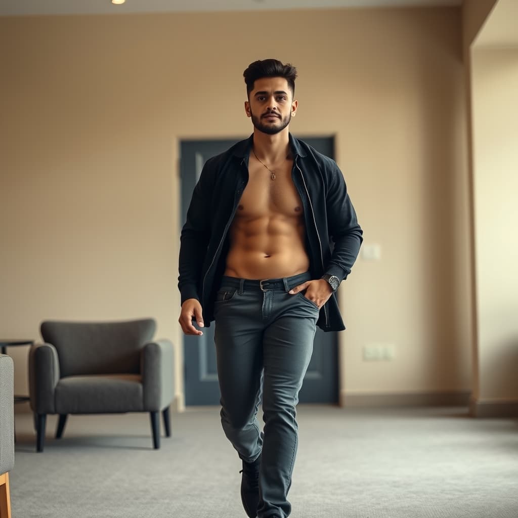 AI generated: "The Latino man  with abs and fit, stands up confidently from his seat and walks steadily towards th...