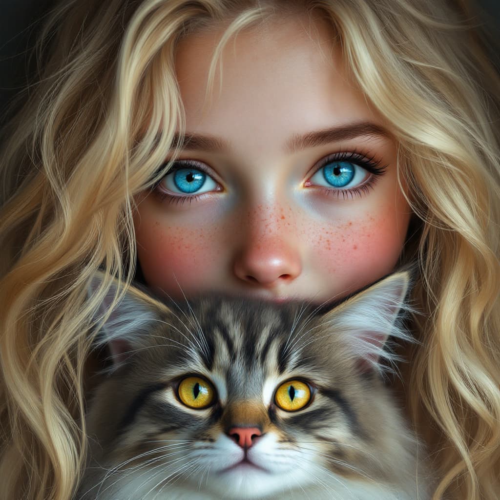 AI generated: "Hyper-detailed digital painting of a young girl with striking blue eyes, surrounded by flowing, vol...