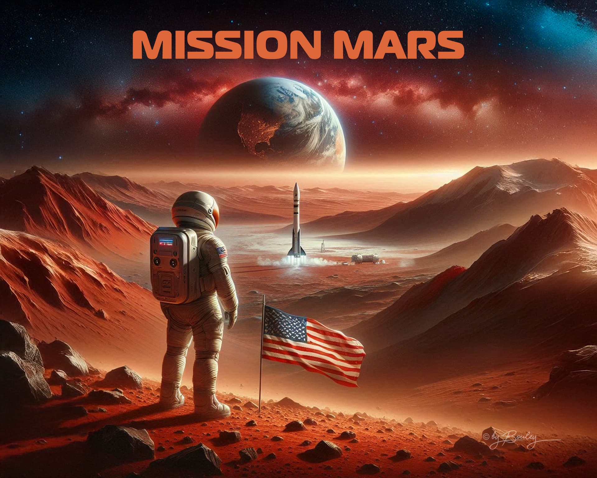 AI generated: text on top "Mission Mars", view from the back of a lone astronaut stands on the surface of Mars, Pl...