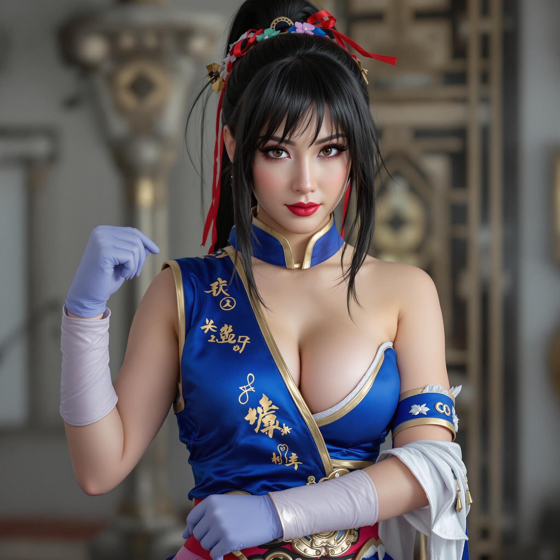 AI generated: create a photo of jo yuri making a cosplay of chun-li highest quality