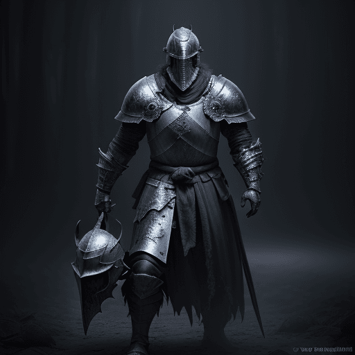 AI generated: character design with face, knight of dark souls, clutching his helm, full body, medium beard,fog, p...