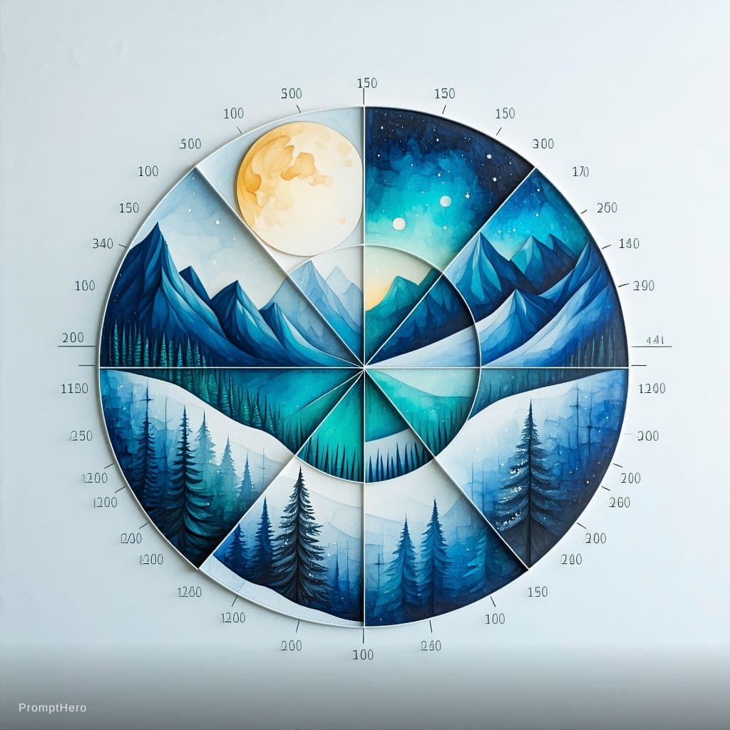 AI generated: Divide a circle into 12 equal sections. in 1 section, i want something that gives winter vibes or re...
