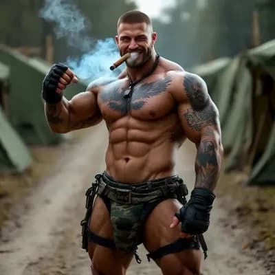AI generated video: Flexing both biceps grinning