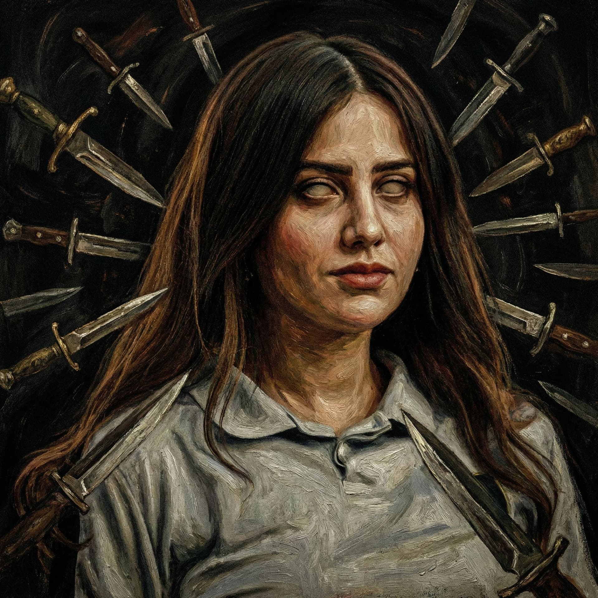 AI generated: artistic, oil painting, portrait of girl, empty eyes, gaze, grainy touch, style inpired by Diego Vel...