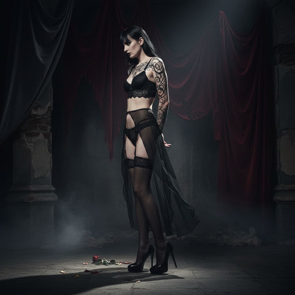 AI generated: "photo-realistic full-body shot, dark fantasy high-fashion photography. A goth woman with a slim fig...