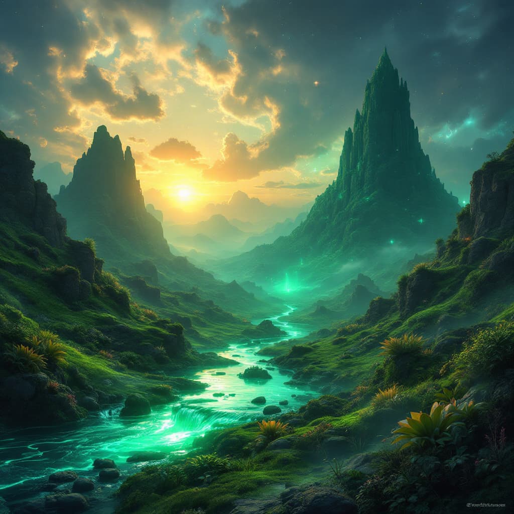 AI generated: Fantasy landscape, dynamic lights, glowing emerald, nebulas, sunset,,8k photorealistic eternal  ambi...