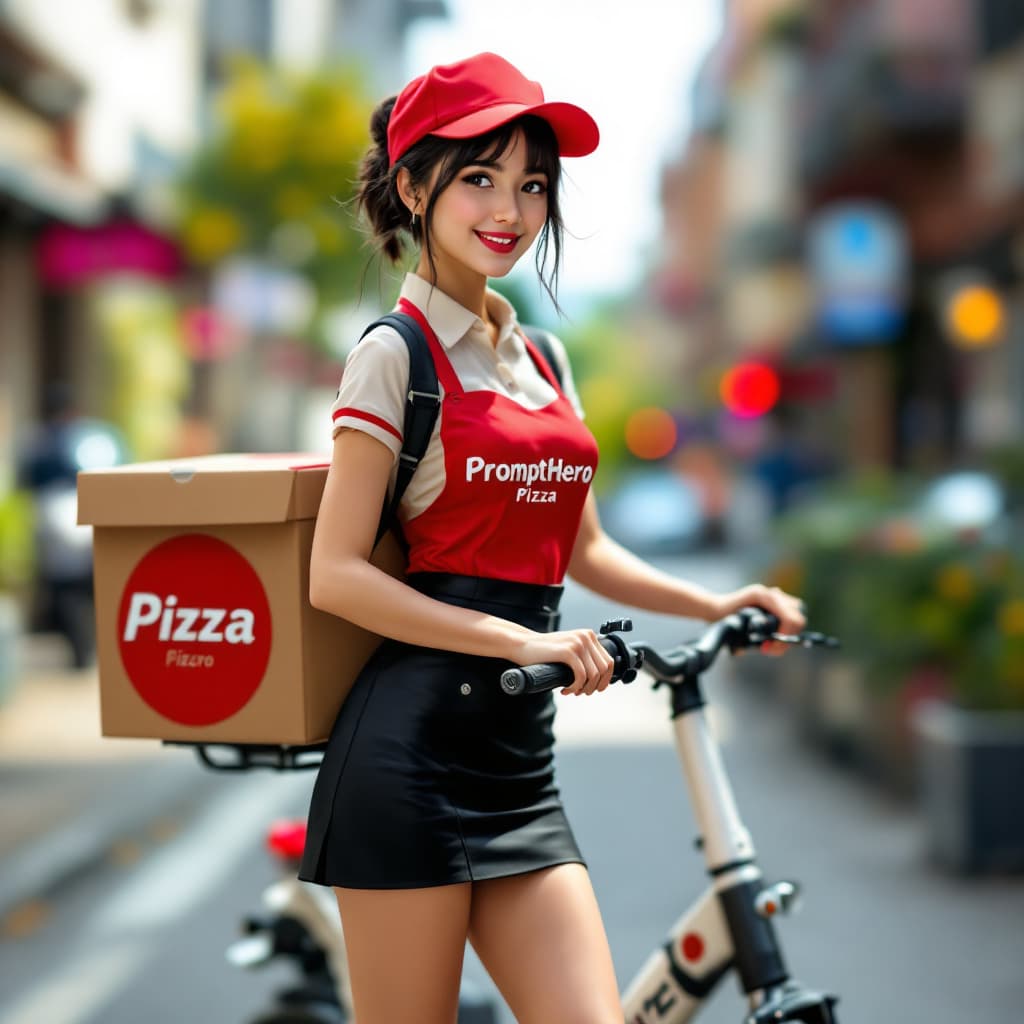 AI generated: a pertty female, pizza shop uniform,mini skirt,E-Scooter, deliver pizza,the pizza box logo"PromptHer...