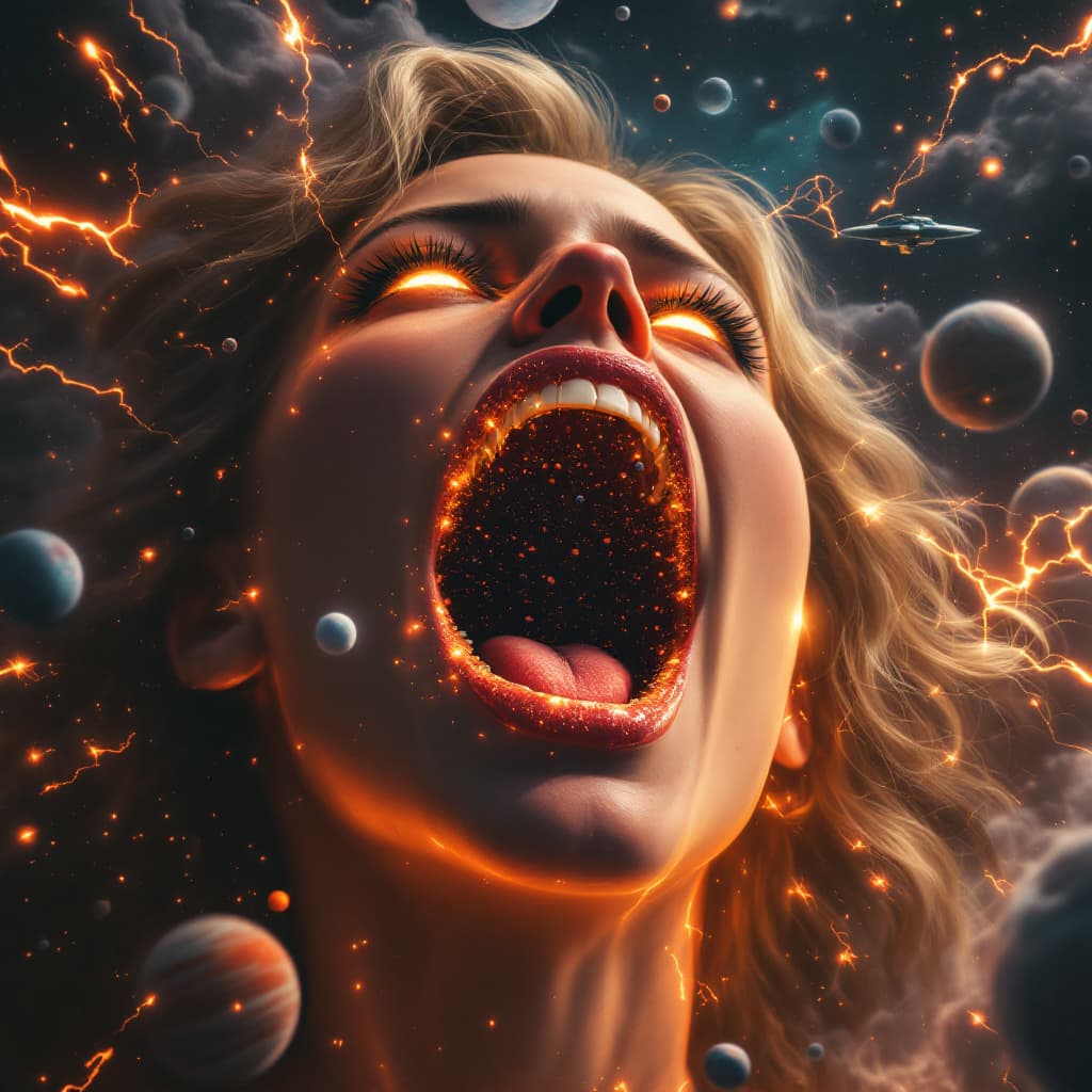 AI generated: enormous giantess captain marvel brie larson
bigger than a galaxy floating in space, minuscule plane...