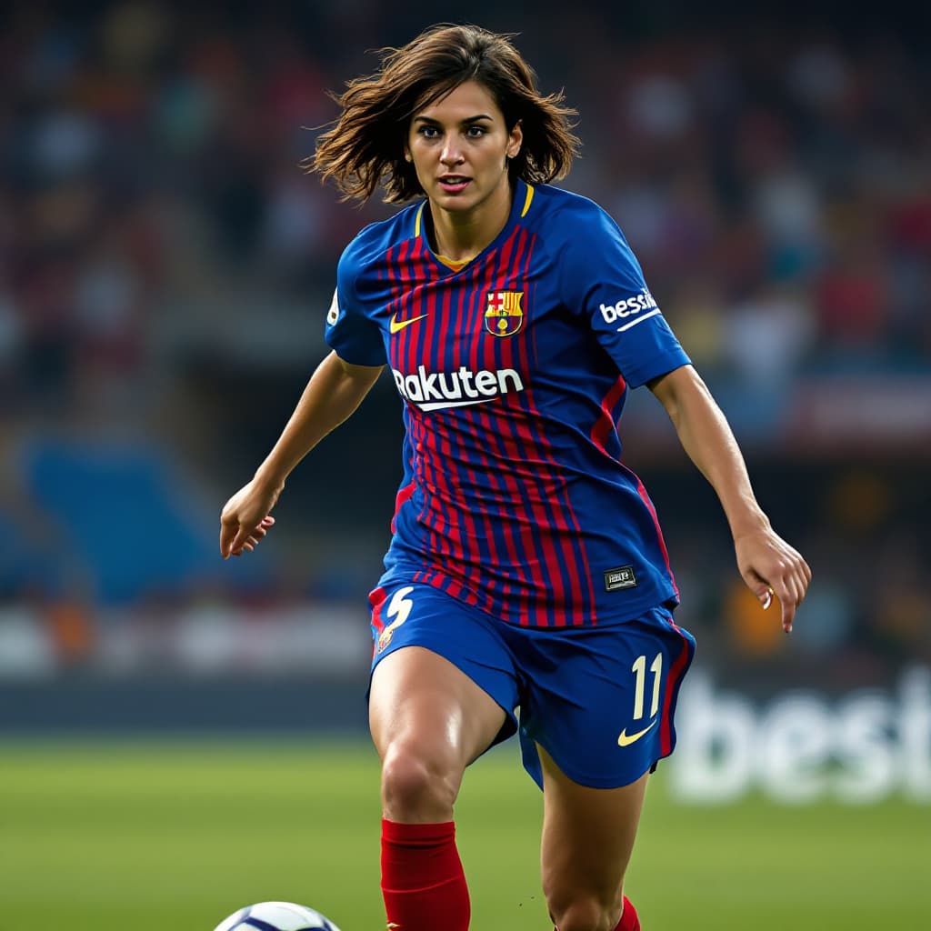 AI generated: Female football player, resembling Lionel Messi with short dark brown hair, wearing a blue and red s...