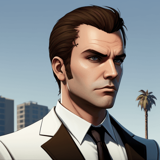 AI generated: gta style, male, side view, business white suit, detalized face, brown hair, look on top, gta styliz...