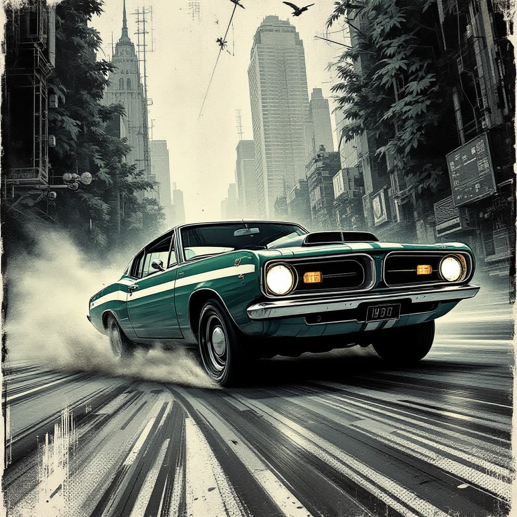 AI generated: 1968 Fastback Plymouth Barracuda in Dark Green with white racing stripes on the BOTTOM of doors,  ca...