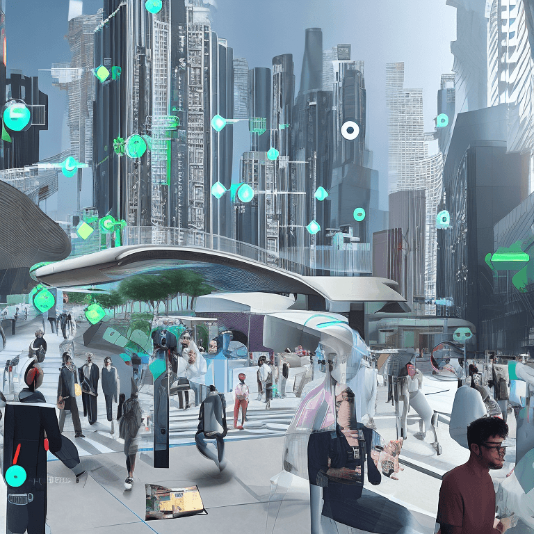 AI generated: Cityscape in 2054, featuring a futuristic and sleek street where people are wearing smart contact le...