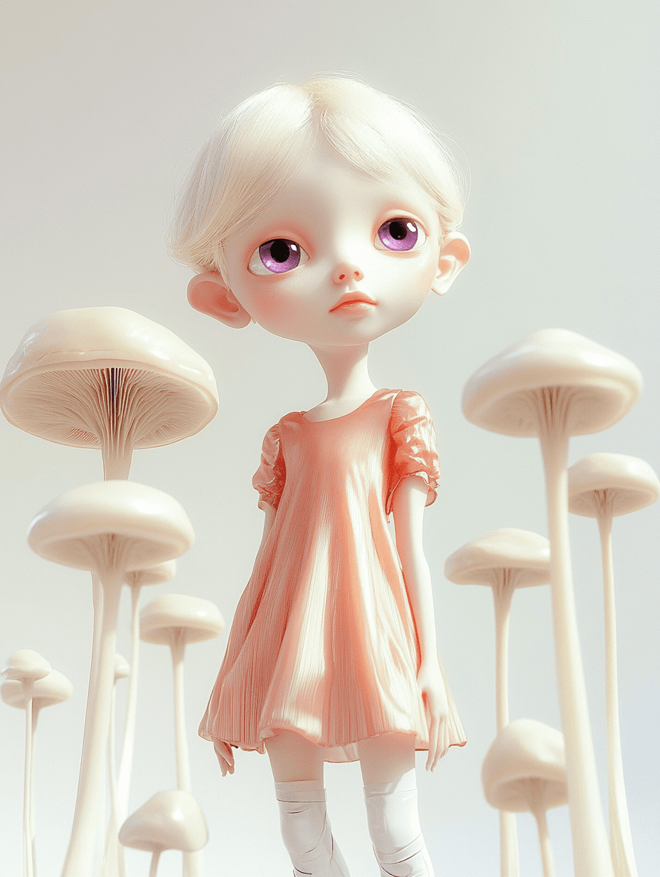 AI generated: A 3D-rendered portrait of a delicate, doll-like young girl with porcelain-white skin, large violet e...
