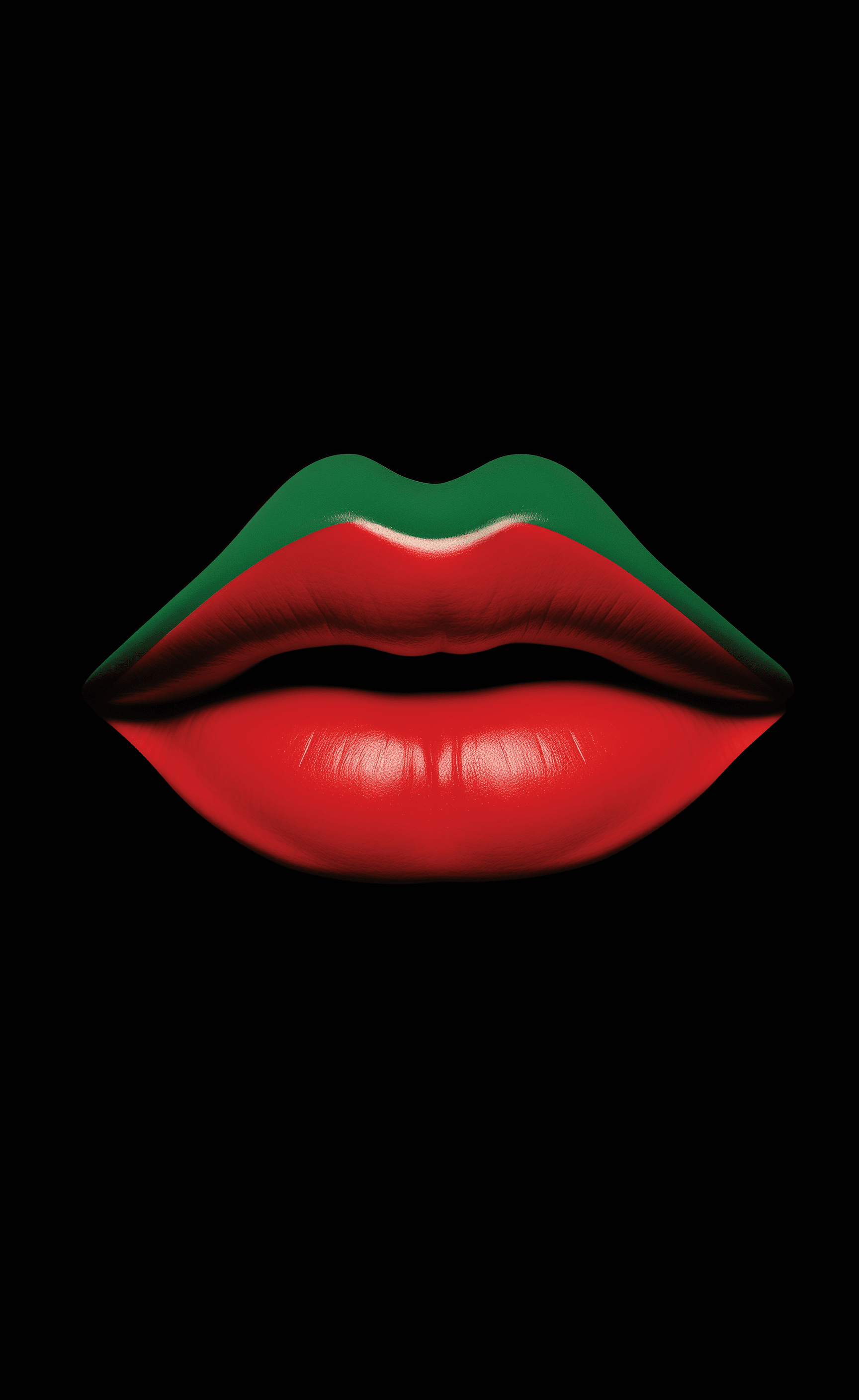 AI generated: minimalist lips, red and green on black background in the style of Ivan Chermayeff --ar 50:81 --v 5....