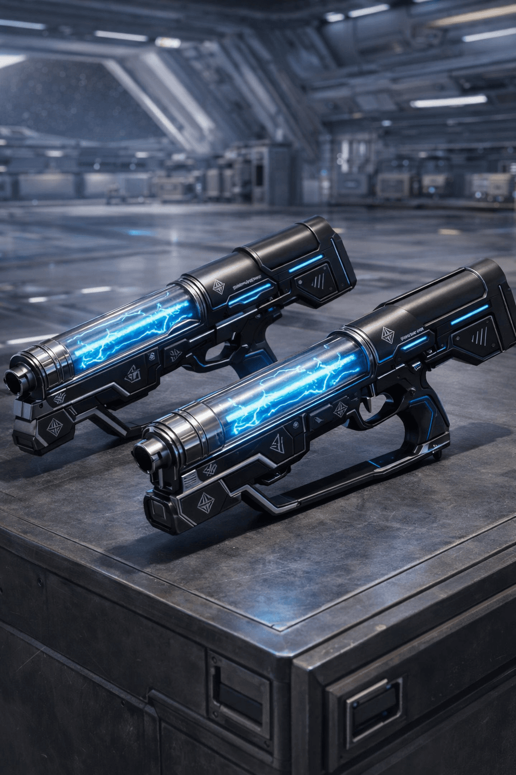 AI generated: Create an image where the characters are removed and their weapons are displayed. Display the weapon...