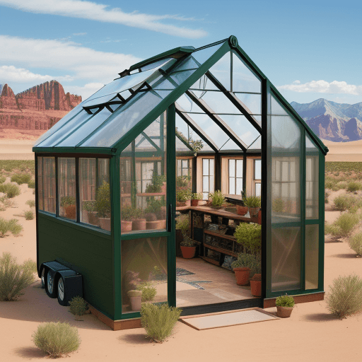 AI generated: High resolution photography landscaping, tiny home, desert, mountains, attached greenhouse