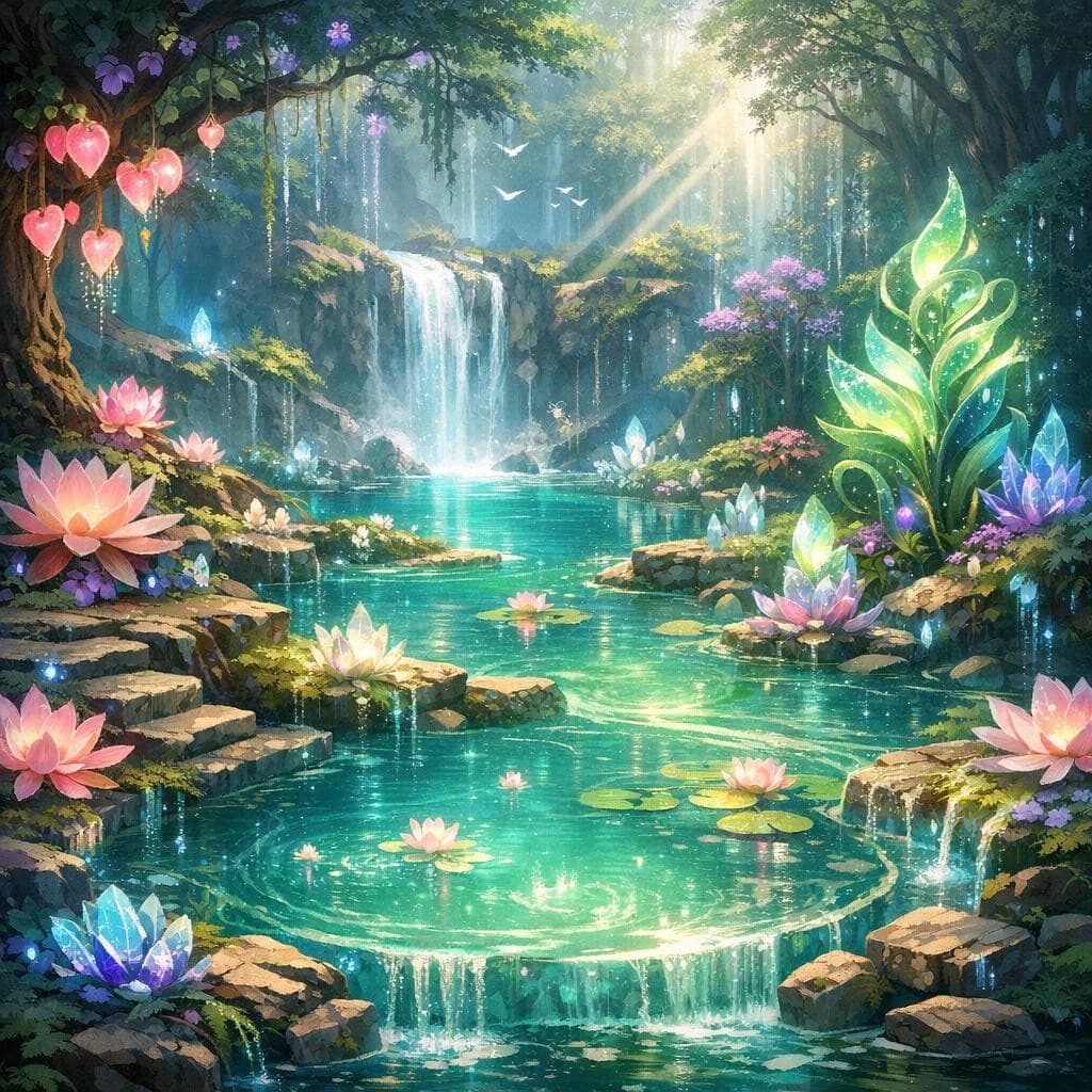 AI generated: Create a unique environment/Biome of a Health → The Vital Grove (healing waters, regenerative flora)...