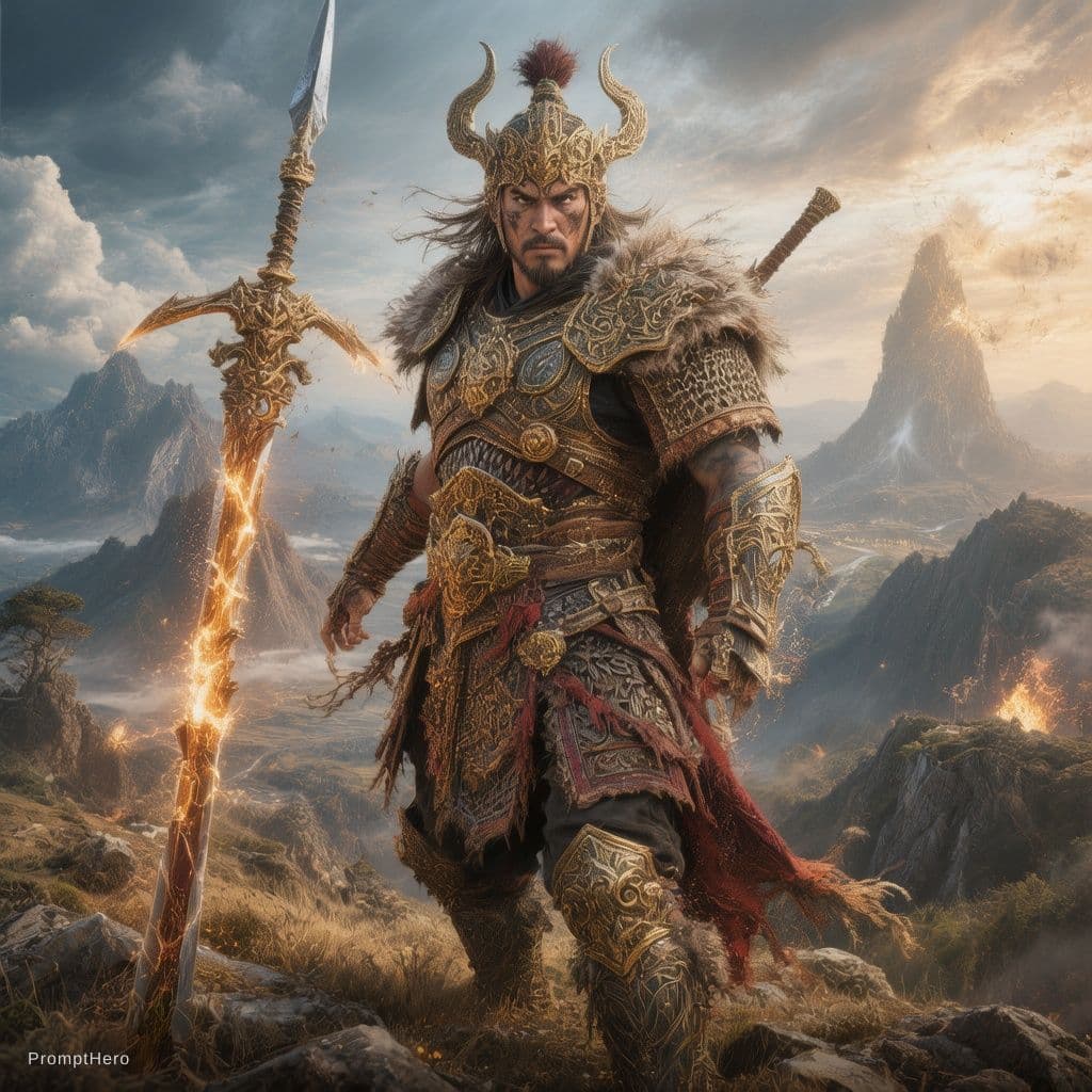 AI generated: poster of warrior | standing on hill |centered| key visual| intricate| highly detailed| breathtaking...