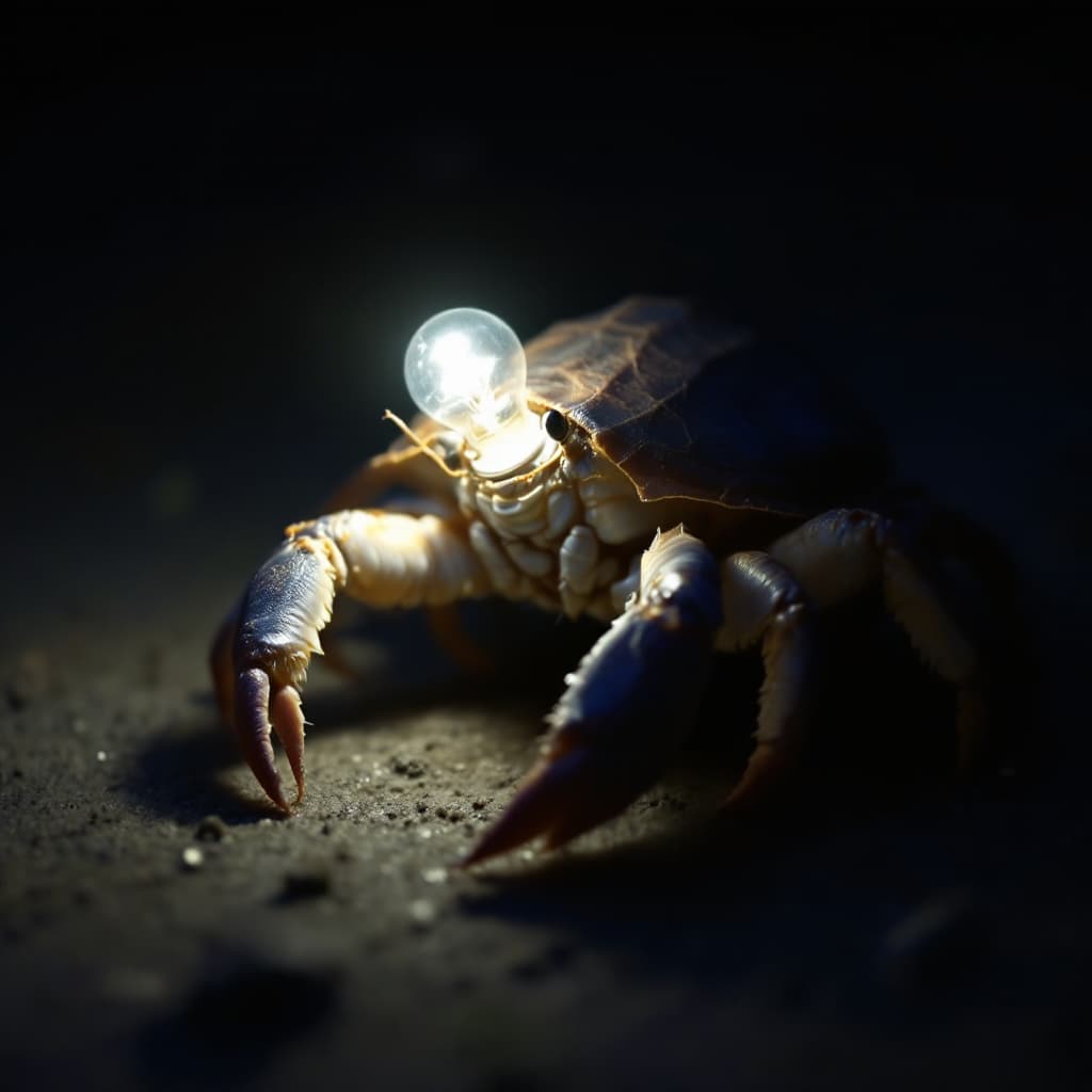 AI generated: A nighttime footage of a hermit crab using an incandescent small light-bulb as its shell, Mysterious