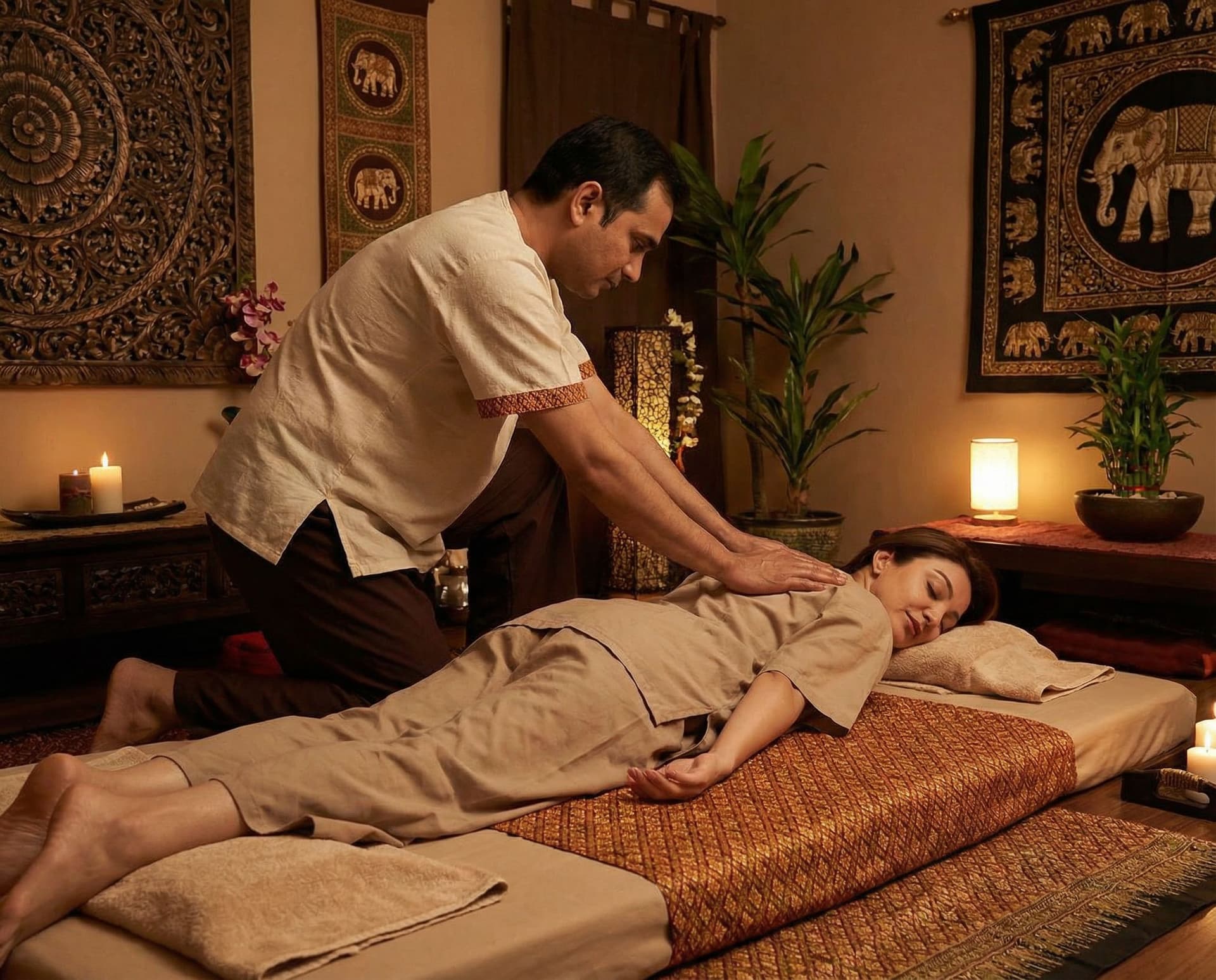 AI generated: 
 man giving a massage to a woman lying on a massage bed. Realistic pictures with Thai patternsar 9:...