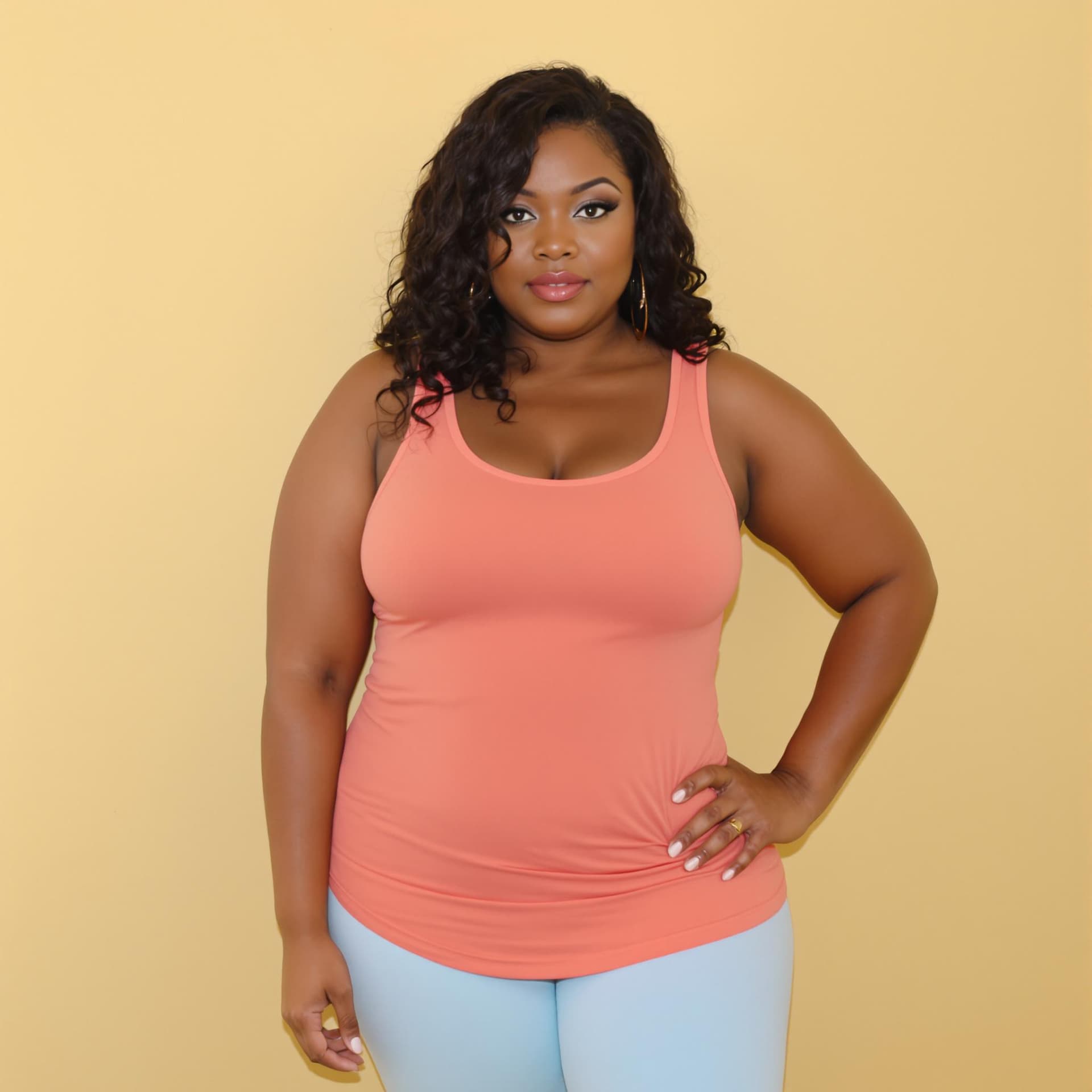 AI generated: A professional photograph of a curvy woman standing with her left hand resting on her hip. She is we...