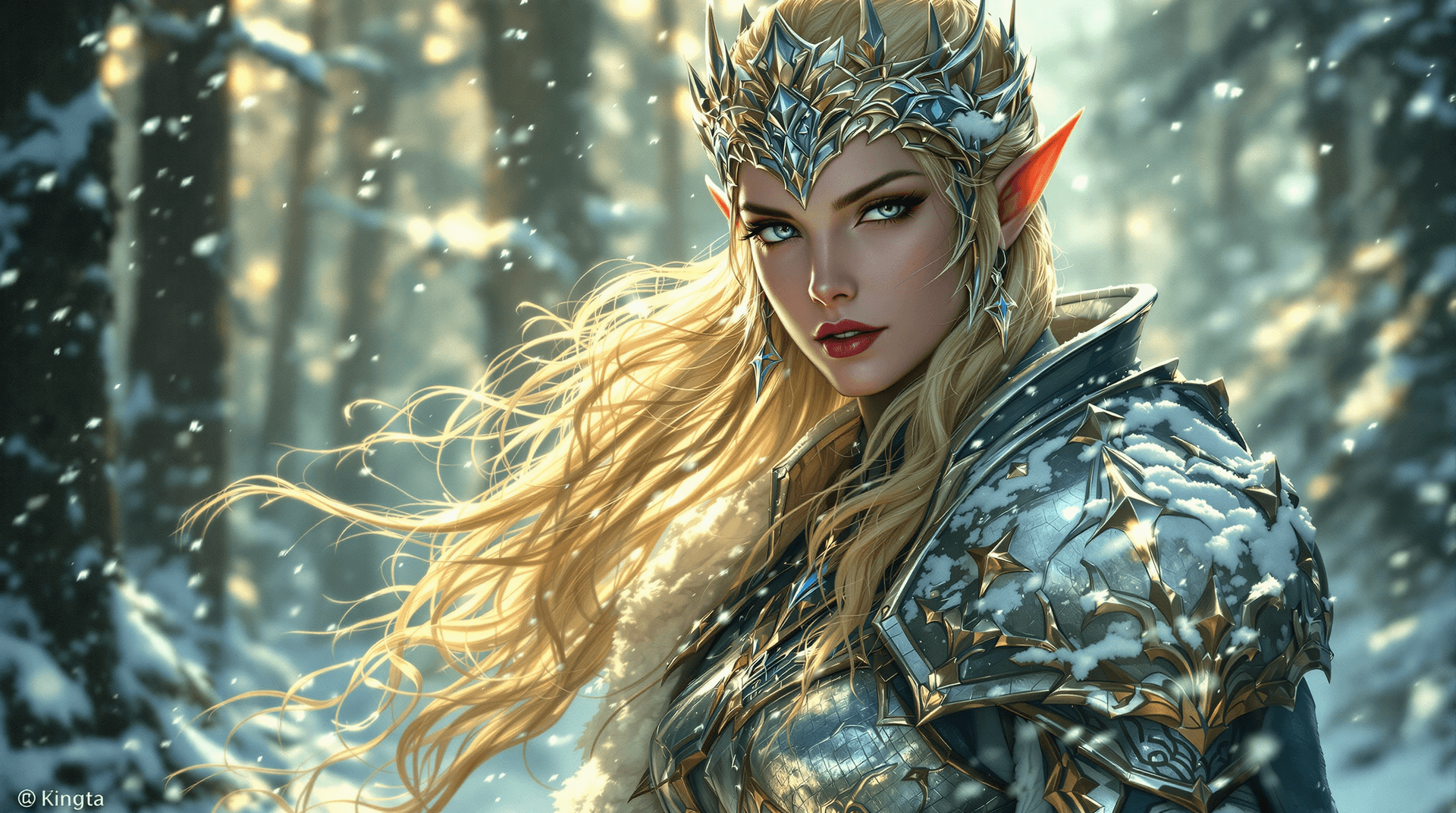 AI generated: An elven warrior queen in silver armor, fantasy art, backlit by a magical forest glow, mystical and ...