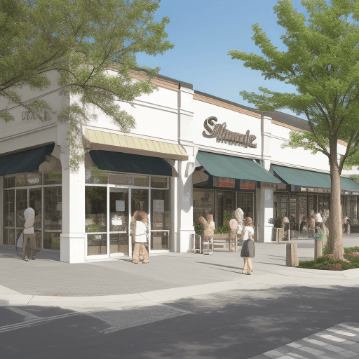 AI generated: Strip shopping center, stone features, wood features, white paint, shops, outdoor seating area, larg...
