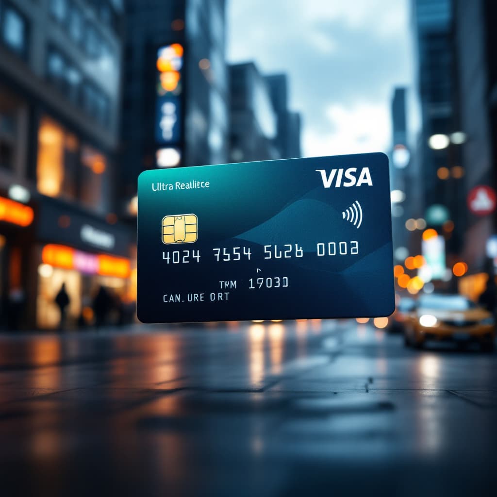 AI generated: Photo of a ultra realistic credit card with a downtown background, cinematic lighting, low angle