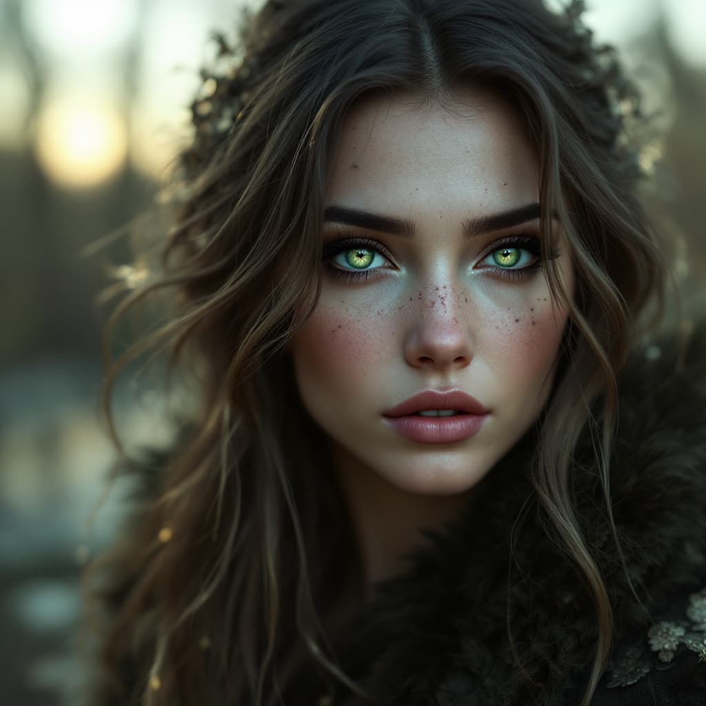 AI generated: a woman with green eyes, in the style of realism with fantasy elements, daz3d, fine art realism, mag...