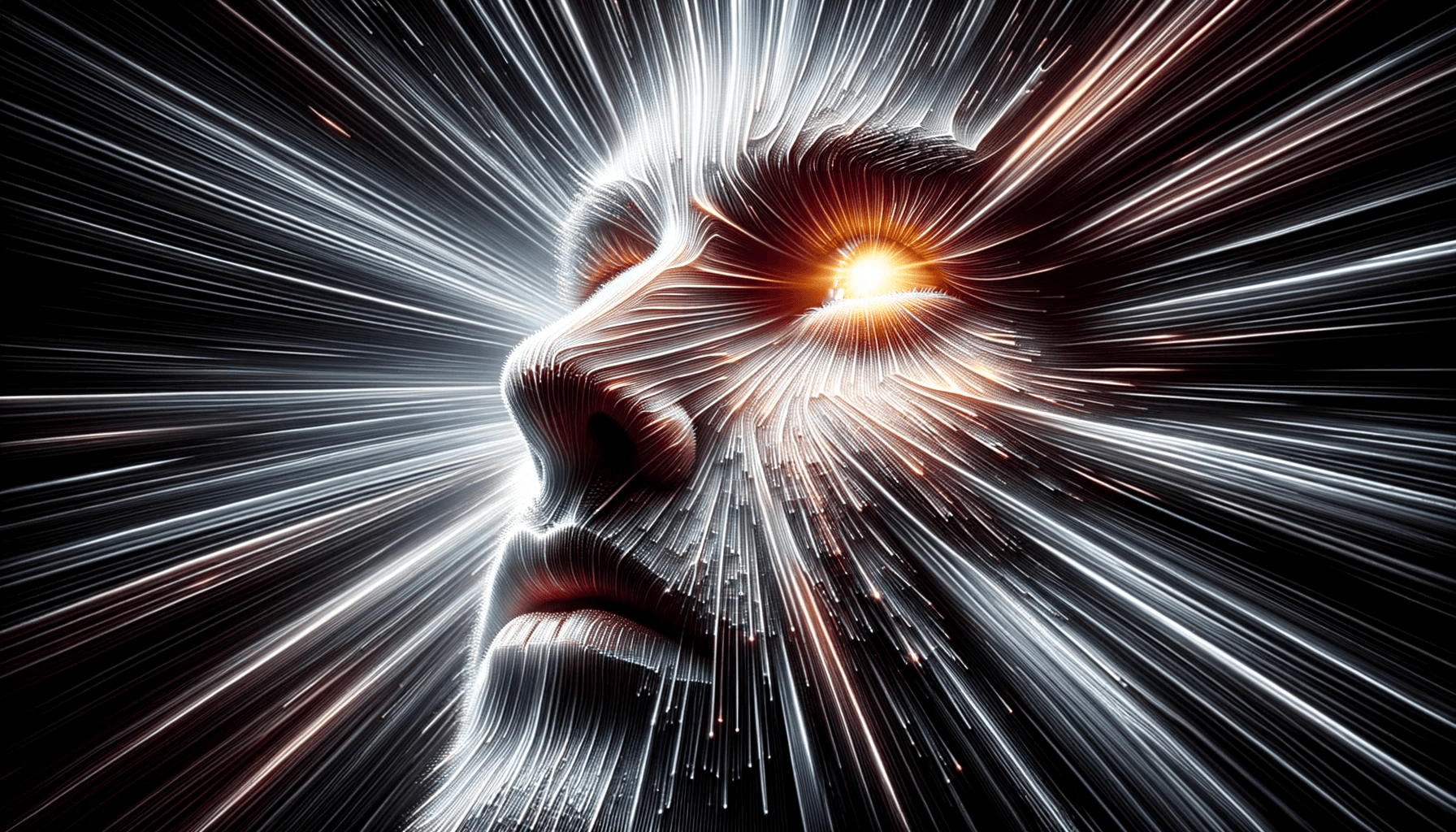 AI generated: Photo-realistic hyperbole image of a male face, capturing intense light emanating from within. Drawi...