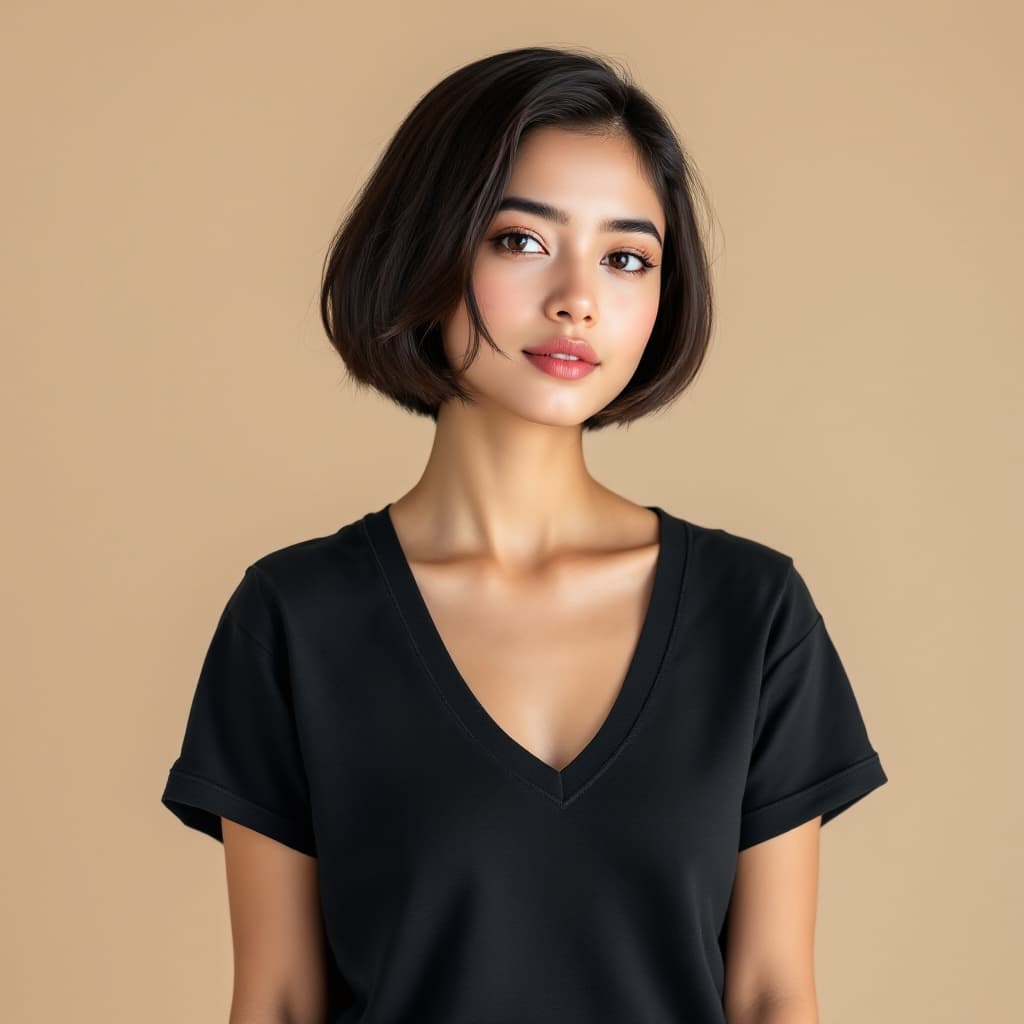 AI generated: photo of an indian girl with short hair wearing a v-neck t-shirt, kPop style, neutral background to ...